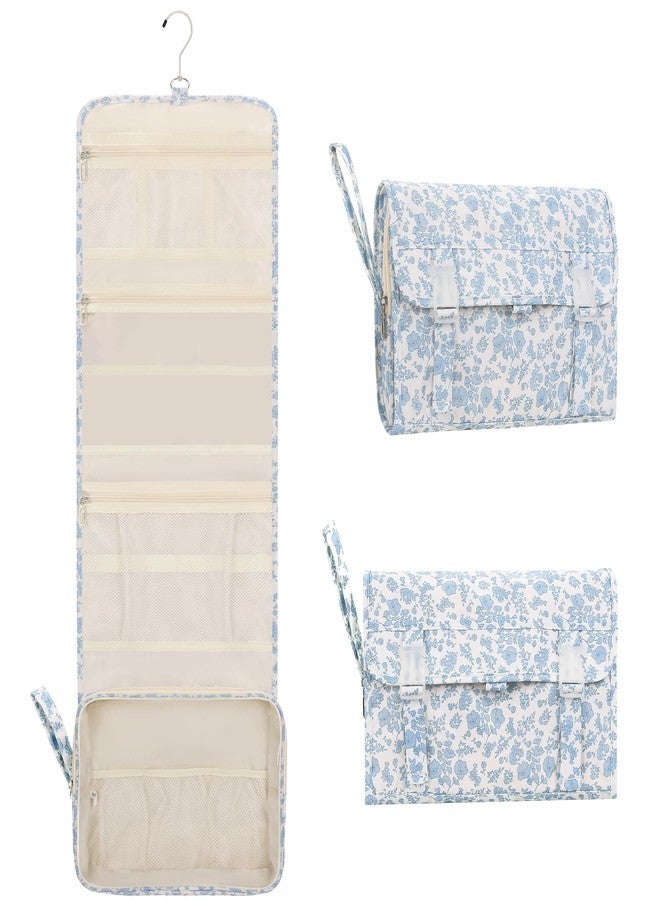 Relavel Small Hanging Toiletry Bag for Men and Women, Portable Hanging Organizer for Travel-Sized Shower Dopp Kit, Waterproof Toiletries Organizer with 3 Compartments for Outdoor - Blue Flower - Image 1