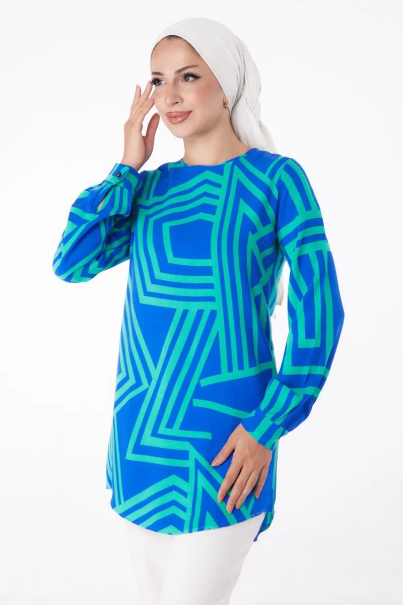 Tofisa Plain Crew Neck Women's Green Patterned Tunic - 13278