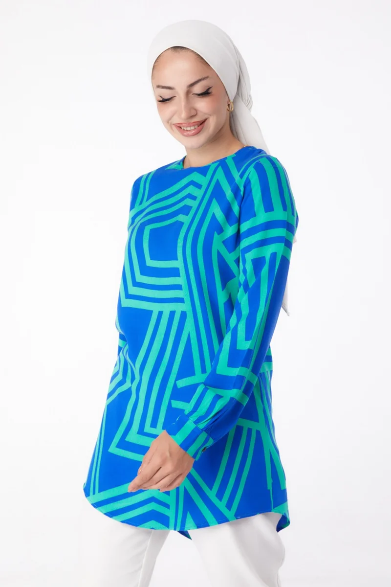 Tofisa Plain Crew Neck Women's Green Patterned Tunic - 13278