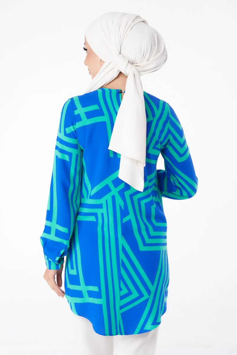 Tofisa Plain Crew Neck Women's Green Patterned Tunic - 13278