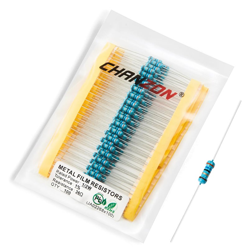CHANZON 100pcs 1/2W (0.5W)36Ω ohm Metal Film Fixed Resistor 0.01 ±1% Tolerance 36 R MF Through Hole Resistors Current Limiting Rohs Certificated - Image 1