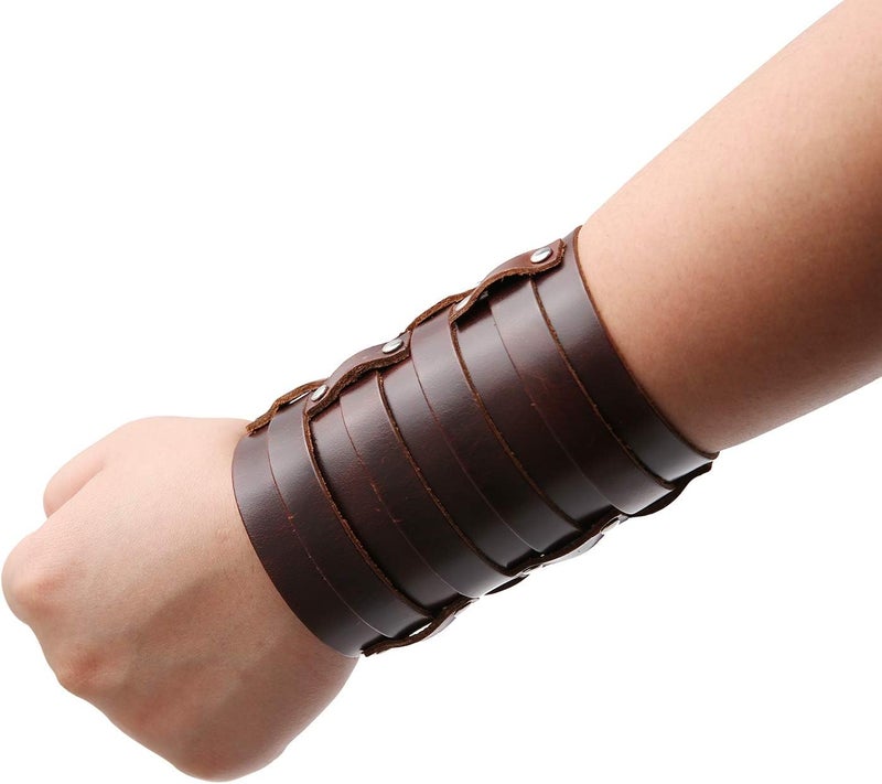 HZMAN Mens Leather Wide Triple Strap Cuff Wrap Gauntlet Wristband Buckle Fastening Arm Armor Cuff 4 Rows - Image 2