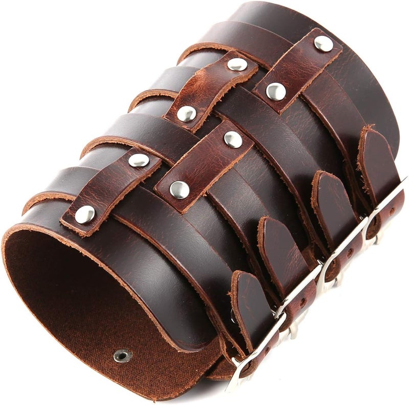 HZMAN Mens Leather Wide Triple Strap Cuff Wrap Gauntlet Wristband Buckle Fastening Arm Armor Cuff 4 Rows - Image 3