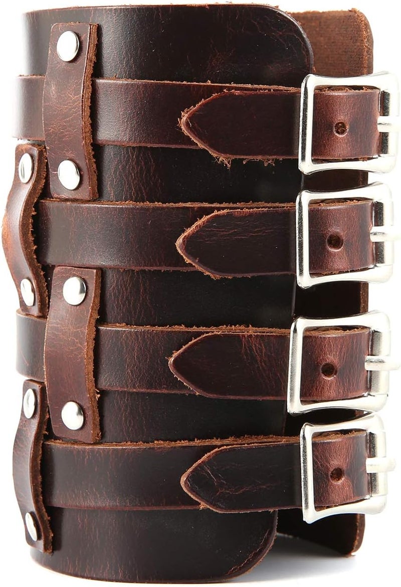 HZMAN Mens Leather Wide Triple Strap Cuff Wrap Gauntlet Wristband Buckle Fastening Arm Armor Cuff 4 Rows - Image 5