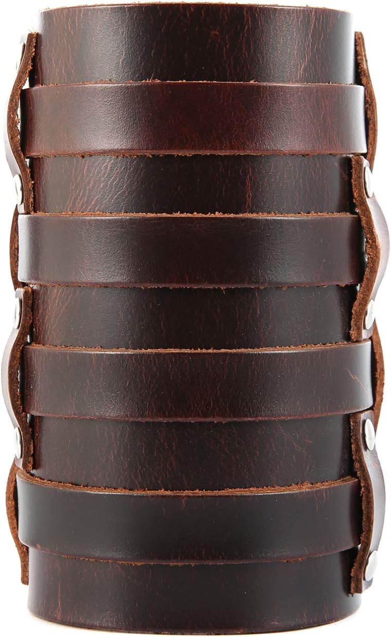 HZMAN Mens Leather Wide Triple Strap Cuff Wrap Gauntlet Wristband Buckle Fastening Arm Armor Cuff 4 Rows - Image 1