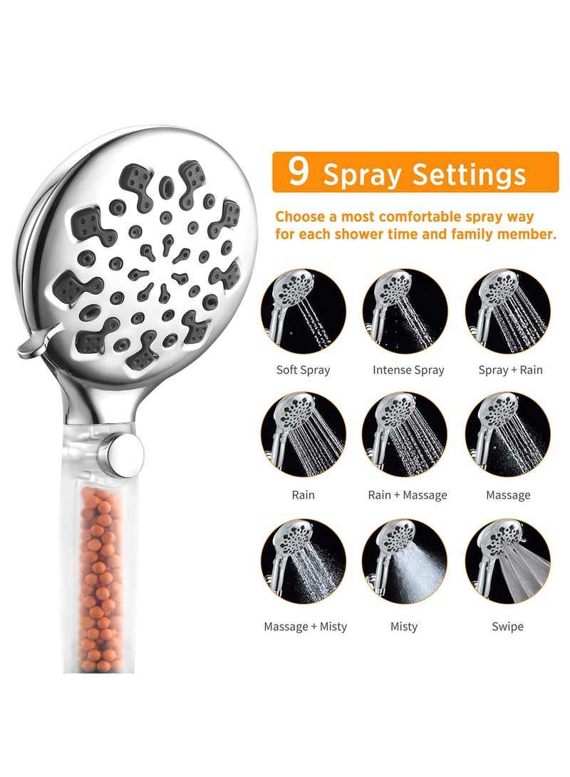 Excefore Shower Head High Pressure, Handheld Showerhead with 9 Adjustable Spray Modes, Universal Water Saving Shower Head Filter for Hard Water (Silver)  - Image 3