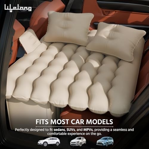 Lifelong Inflatable Mattress with Pump & 2 Air Pillows – Back Seat Travel Mattress, Portable & Compact for Camping, Road Trips, Adults & Kids (Beige) - Image 2