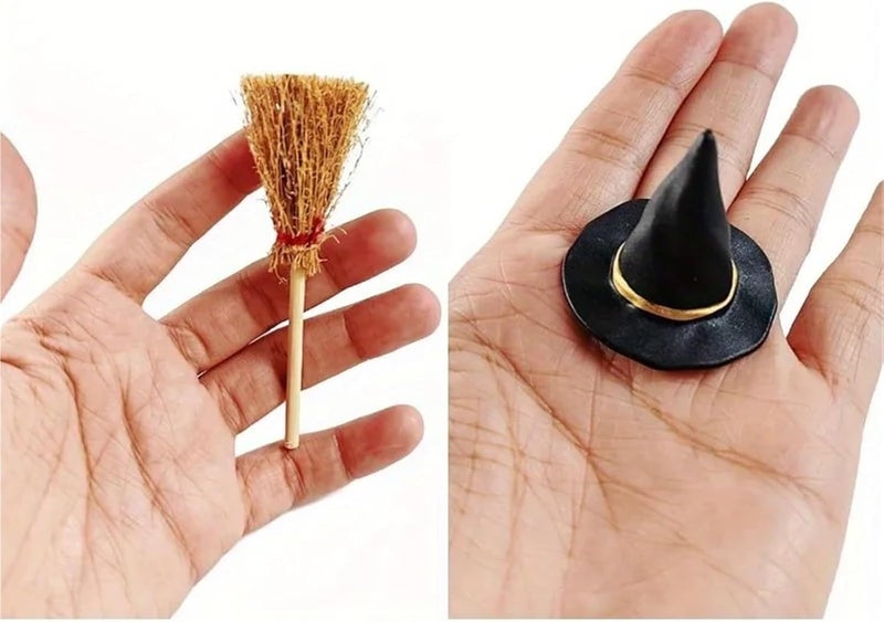 Miniature Artificial Mini Straw Brooms 32Pcs Halloween Party Photo Props Mini Witch Hat Mini Broom Miniature Straw Brooms - Image 3