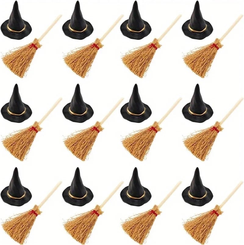 Miniature Artificial Mini Straw Brooms 32Pcs Halloween Party Photo Props Mini Witch Hat Mini Broom Miniature Straw Brooms - Image 1