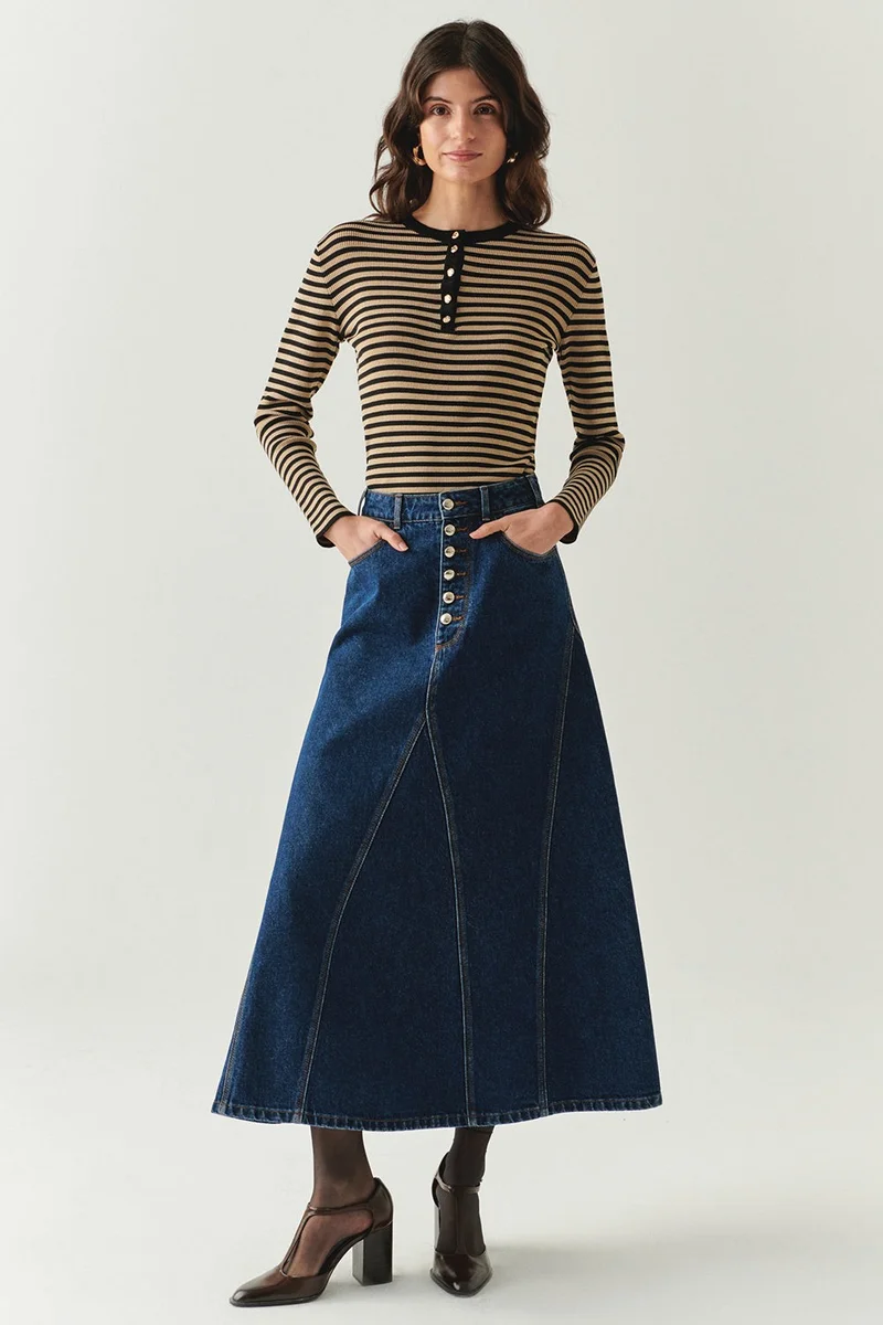 EXQUISE Cotton Pocketed Denim Regular Midi Indigo Skirt