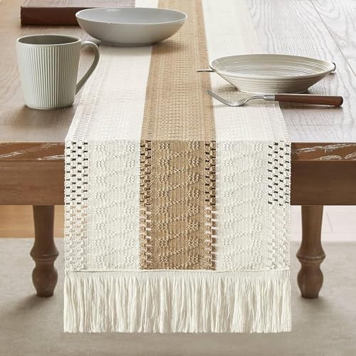 REDMART Macrame Table Runner for Dining Table (12x72 Inch) - Boho Farmhouse Cotton Runner for Center Table & Home Decor - Heat Resistant, Handwoven Rustic Design (Brown/Ivory) - Image 5