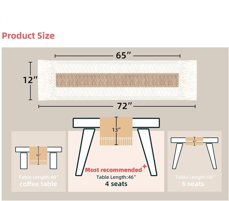 REDMART Macrame Table Runner for Dining Table (12x72 Inch) - Boho Farmhouse Cotton Runner for Center Table & Home Decor - Heat Resistant, Handwoven Rustic Design (Brown/Ivory) - Image 2