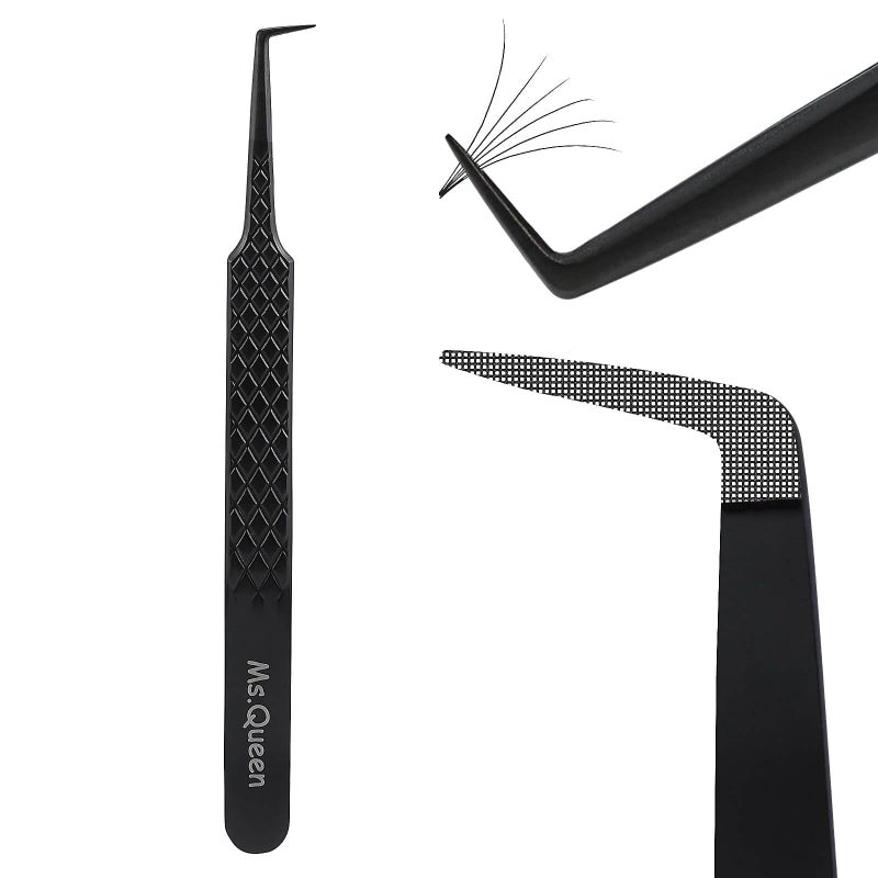 Ms.Queen Lash Tweezers for Eyelash Extensions, Diamond Grip 90 Degree Fiber Tip Volume Lash Extension Tweezers,Black - Image 1