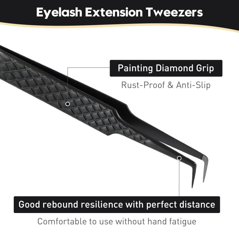 Ms.Queen Lash Tweezers for Eyelash Extensions, Diamond Grip 90 Degree Fiber Tip Volume Lash Extension Tweezers,Black - Image 4