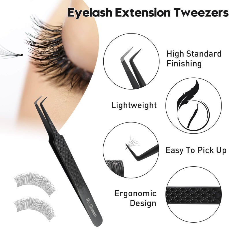 Ms.Queen Lash Tweezers for Eyelash Extensions, Diamond Grip 90 Degree Fiber Tip Volume Lash Extension Tweezers,Black - Image 3