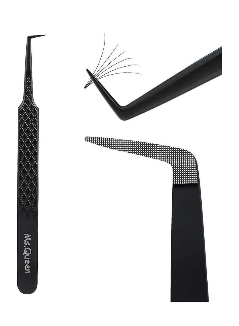 Ms.Queen Ms.Queen Lash Tweezers for Eyelash Extensions, Diamond Grip 90 Degree Fiber Tip Volume Lash Extension Tweezers,Black - Image 1