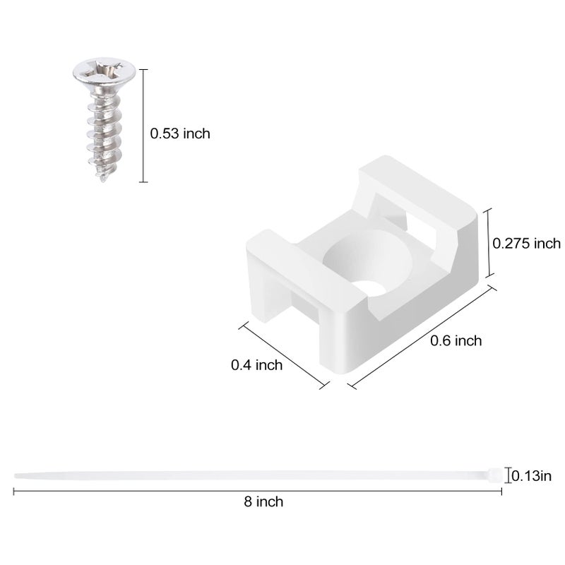 XHF 100 Pcs Cable Zip Tie Saddle Type Mounts Base With 100 Pcs 8"" Cable Ties And 100 Pcs Tapping Screw Wire Cable Clips Organizer Holders Clamps White - Image 2