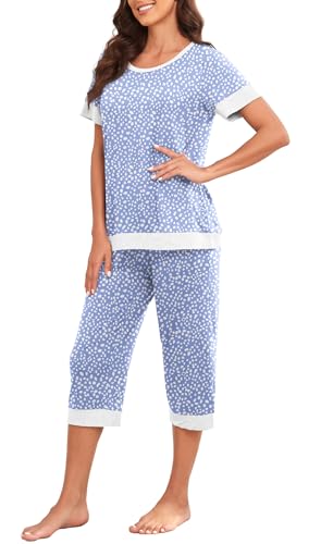 PrinStory Women's Pajama Set Short Sleeve Shirt and Capri Pants Sleepwear Pjs Sets Lounge Set Spot Blue-L - Image 4