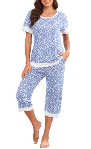 PrinStory Women's Pajama Set Short Sleeve Shirt and Capri Pants Sleepwear Pjs Sets Lounge Set Spot Blue-L - Image 2