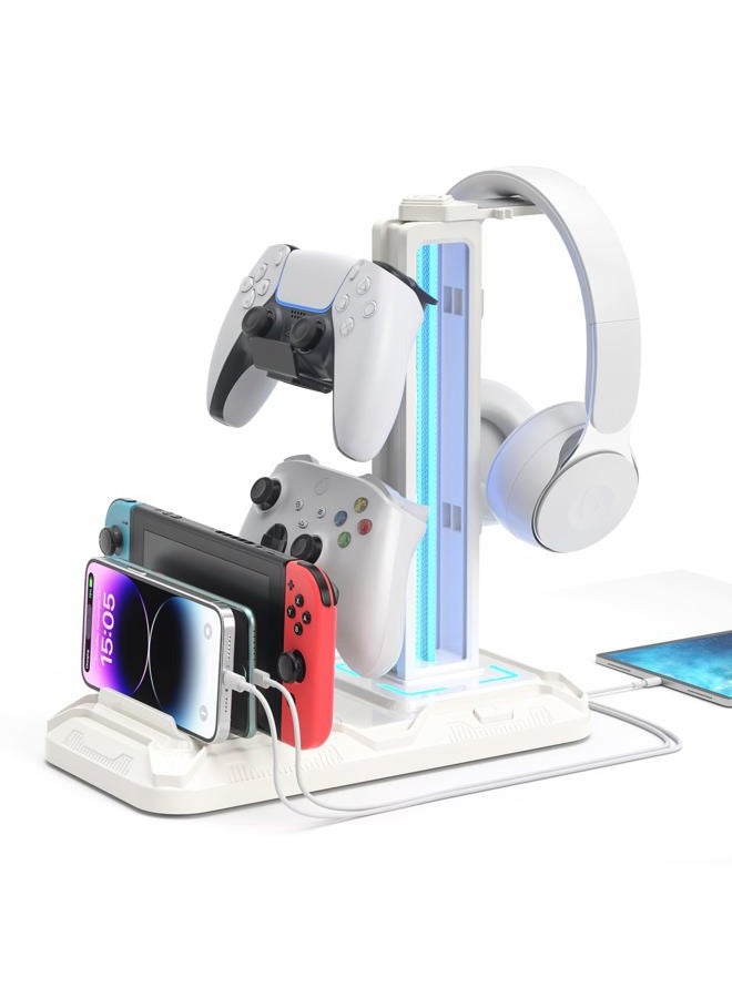 KDD Headset Stand with Charging Station - Detachable Controller Holder with 9 Light Modes - Rotatable Headphone Hanger with USB A&C Charger Ports - Earphone Hook for PC Gaming Accessories Storage - Image 1