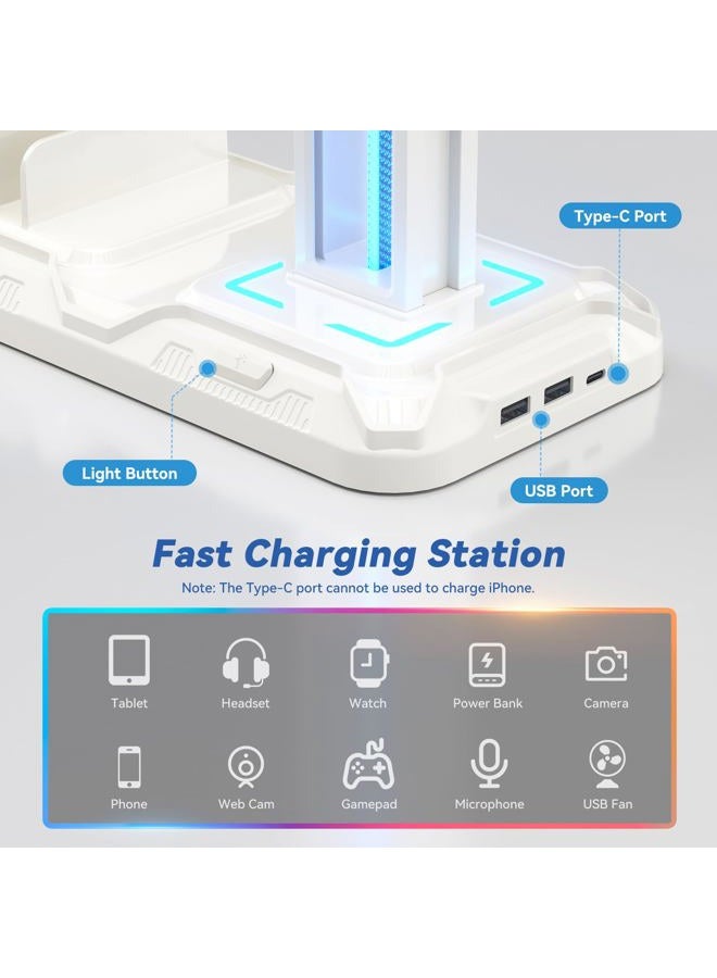 KDD Headset Stand with Charging Station - Detachable Controller Holder with 9 Light Modes - Rotatable Headphone Hanger with USB A&C Charger Ports - Earphone Hook for PC Gaming Accessories Storage - Image 3