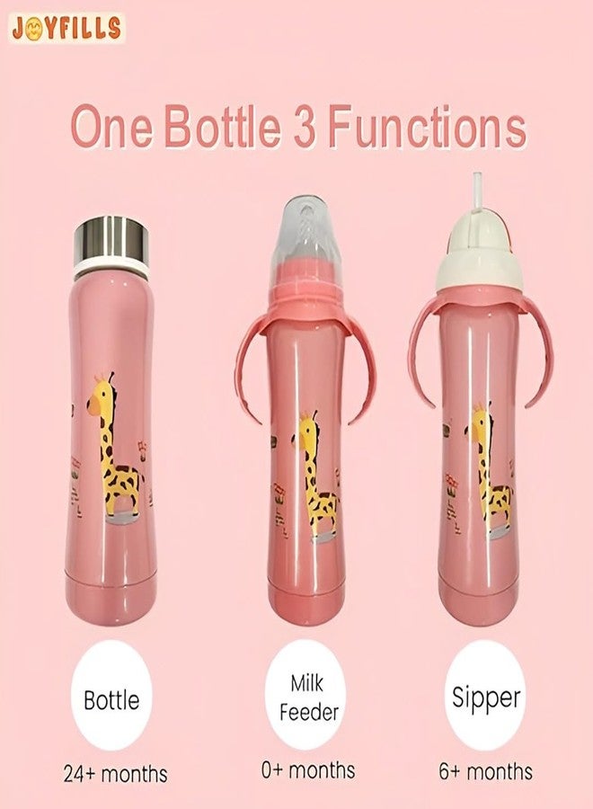 JOYFILLS 3 in 1 Baby Stainless Steel Multi-Functional Thermal Insulation Feeding Bottle| Sipper, Nipple & Straw| Water, Milk, Juices Feeder| Anti-Slip with Anti-Colic Nipple and Handles for Kids/Toddlers/Infants 240 Ml (Printed Pink) - Image 4