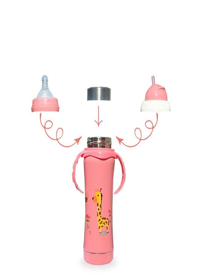 JOYFILLS 3 in 1 Baby Stainless Steel Multi-Functional Thermal Insulation Feeding Bottle| Sipper, Nipple & Straw| Water, Milk, Juices Feeder| Anti-Slip with Anti-Colic Nipple and Handles for Kids/Toddlers/Infants 240 Ml (Printed Pink) - Image 1