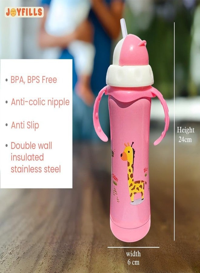 JOYFILLS 3 in 1 Baby Stainless Steel Multi-Functional Thermal Insulation Feeding Bottle| Sipper, Nipple & Straw| Water, Milk, Juices Feeder| Anti-Slip with Anti-Colic Nipple and Handles for Kids/Toddlers/Infants 240 Ml (Printed Pink) - Image 2