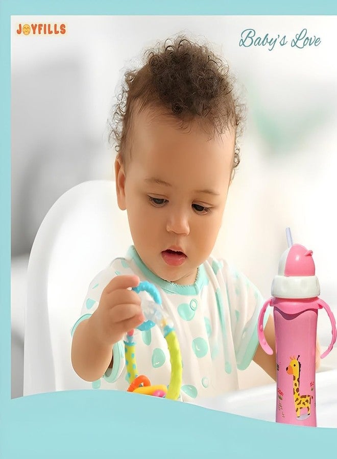 JOYFILLS 3 in 1 Baby Stainless Steel Multi-Functional Thermal Insulation Feeding Bottle| Sipper, Nipple & Straw| Water, Milk, Juices Feeder| Anti-Slip with Anti-Colic Nipple and Handles for Kids/Toddlers/Infants 240 Ml (Printed Pink) - Image 3