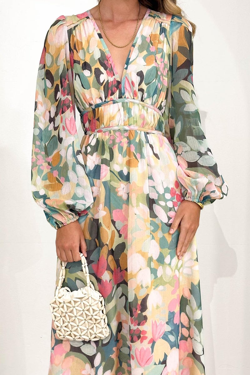 Maxigerui Women's Long Sleeve Floral Maxi Dress 2026 Spring Summer Wedding Guest Dress Green Floral M - Image 2
