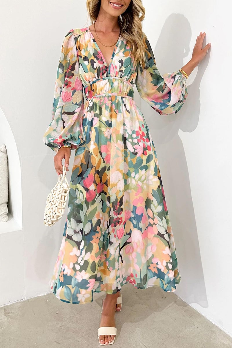 Maxigerui Women's Long Sleeve Floral Maxi Dress 2026 Spring Summer Wedding Guest Dress Green Floral M - Image 3