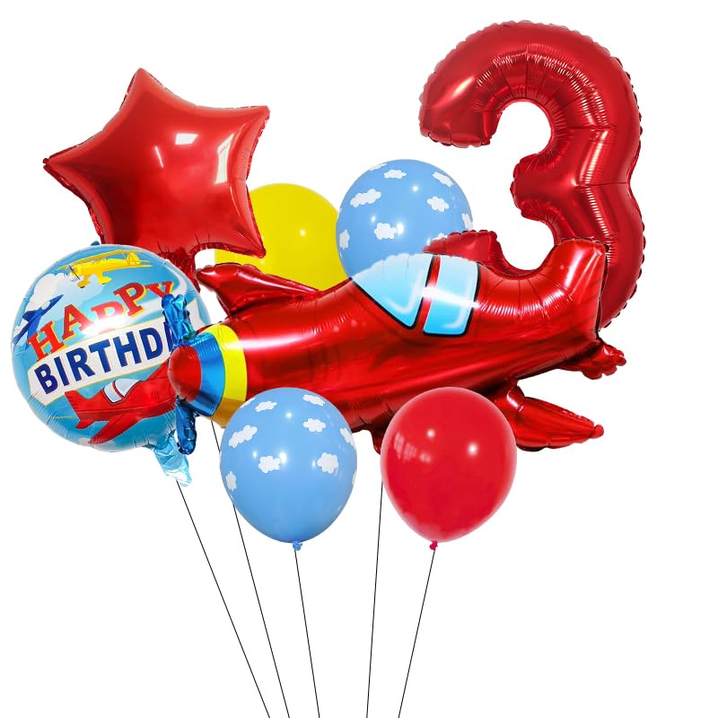 MANGO 3rd Airplane Birthday Balloons Aircraft Balloon 8pcs Transportation Balloons Airplane Balloon 3 Years Set Number 3 Balloon Red for PartyRed Aeroplane Airplane 3rd Party Balloons Party Helium Foil - Image 1
