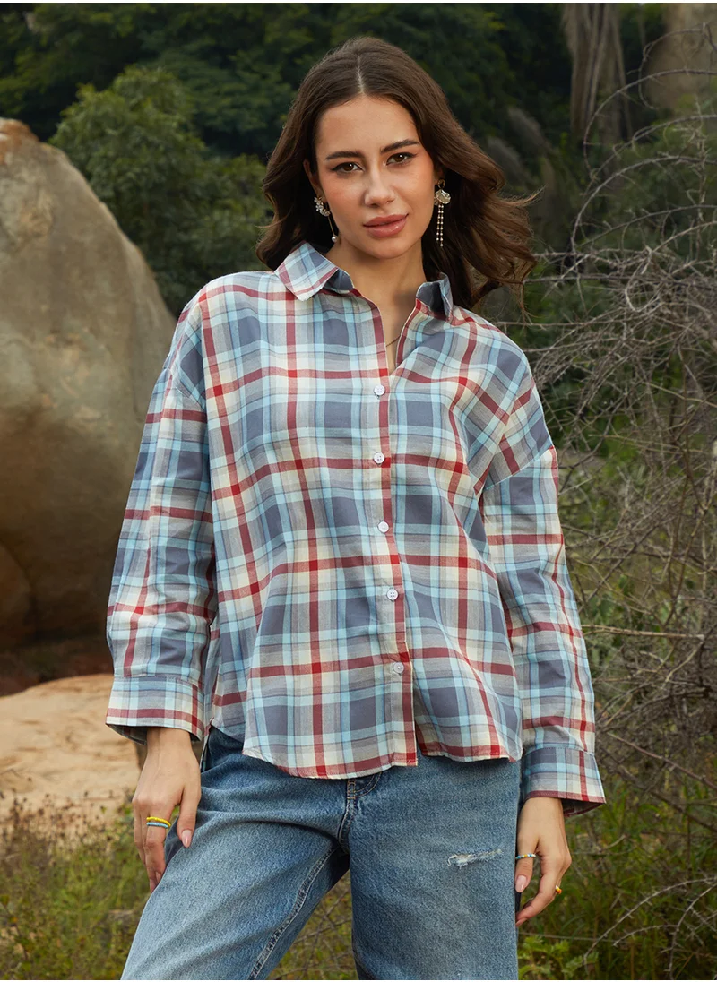 Campus Sutra Women's Icy Blue & Brick Red Tartan Plaid Oversized Shirt