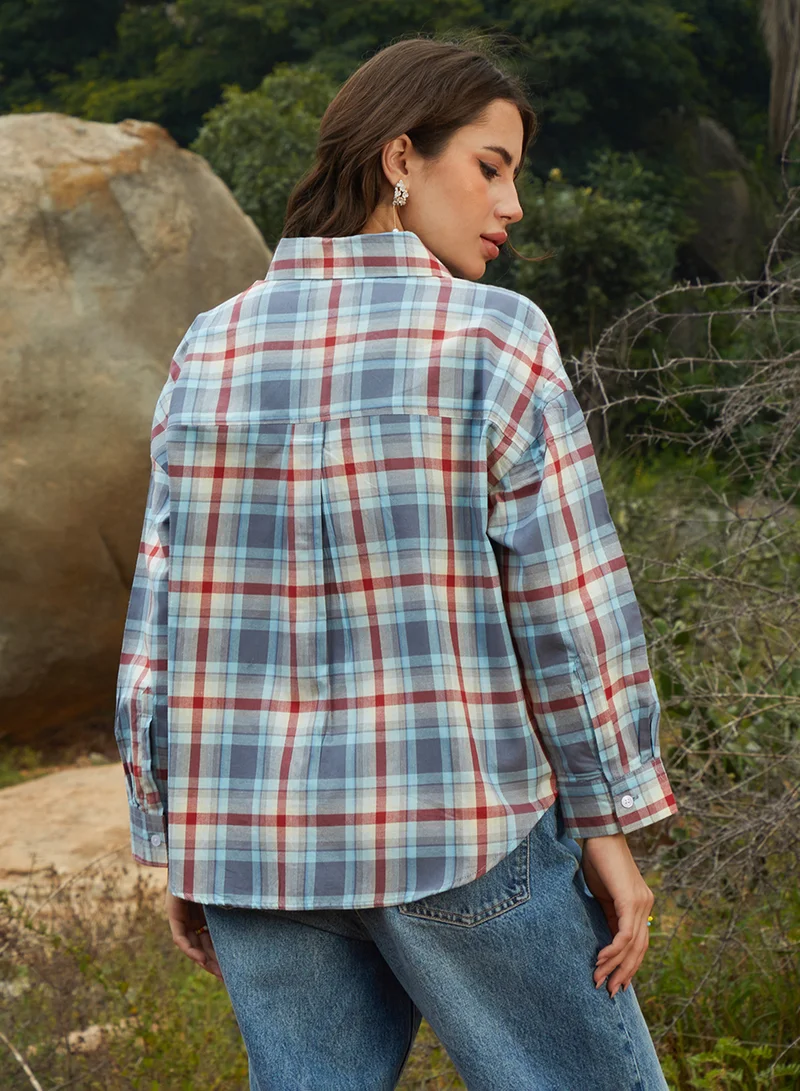 كامبوس سوترا Women's Icy Blue & Brick Red Tartan Plaid Oversized Shirt