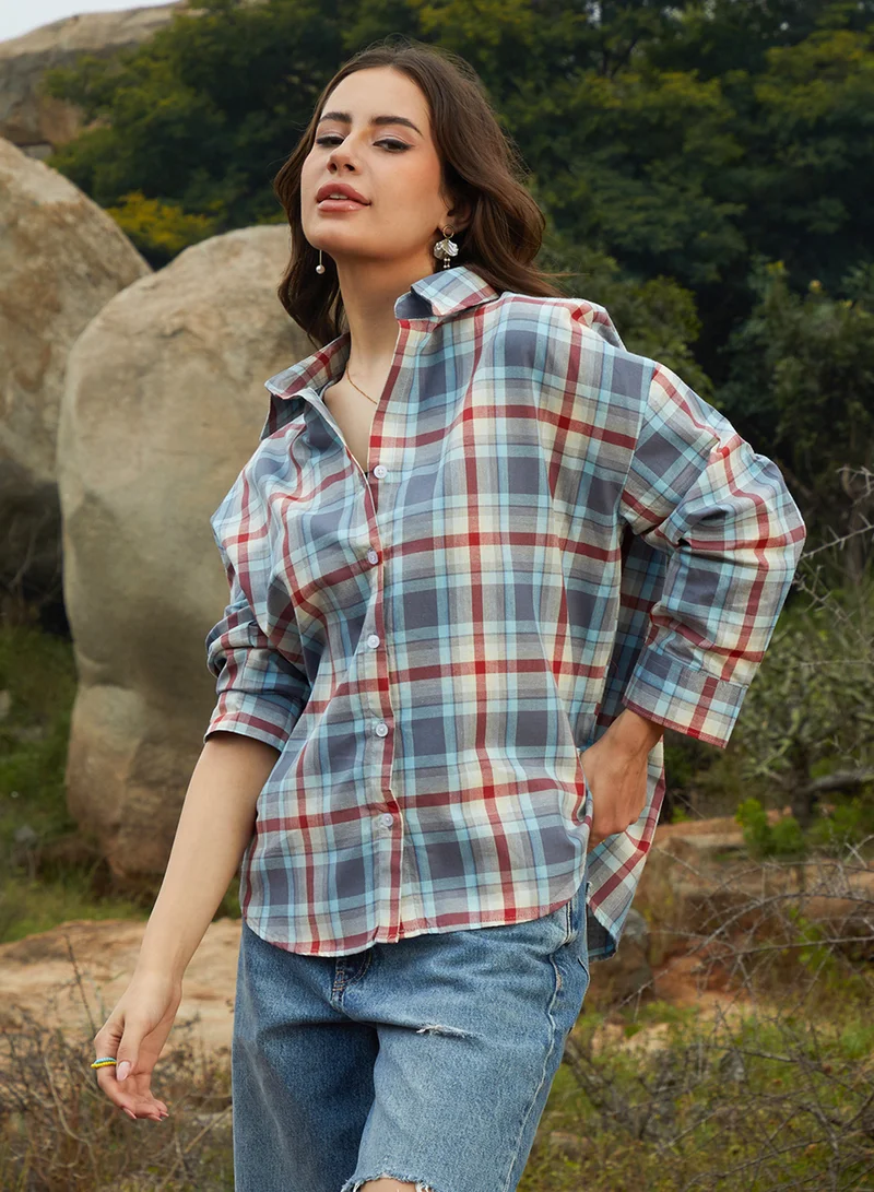 كامبوس سوترا Women's Icy Blue & Brick Red Tartan Plaid Oversized Shirt
