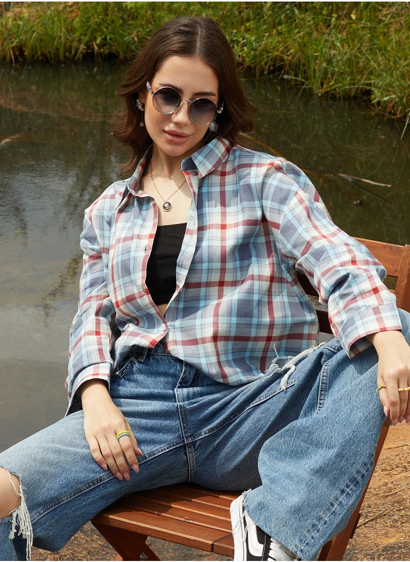 Campus Sutra Women's Icy Blue & Brick Red Tartan Plaid Oversized Shirt