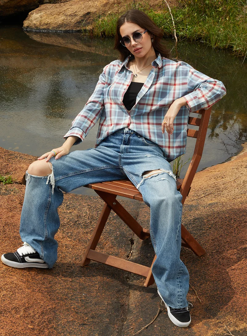 كامبوس سوترا Women's Icy Blue & Brick Red Tartan Plaid Oversized Shirt