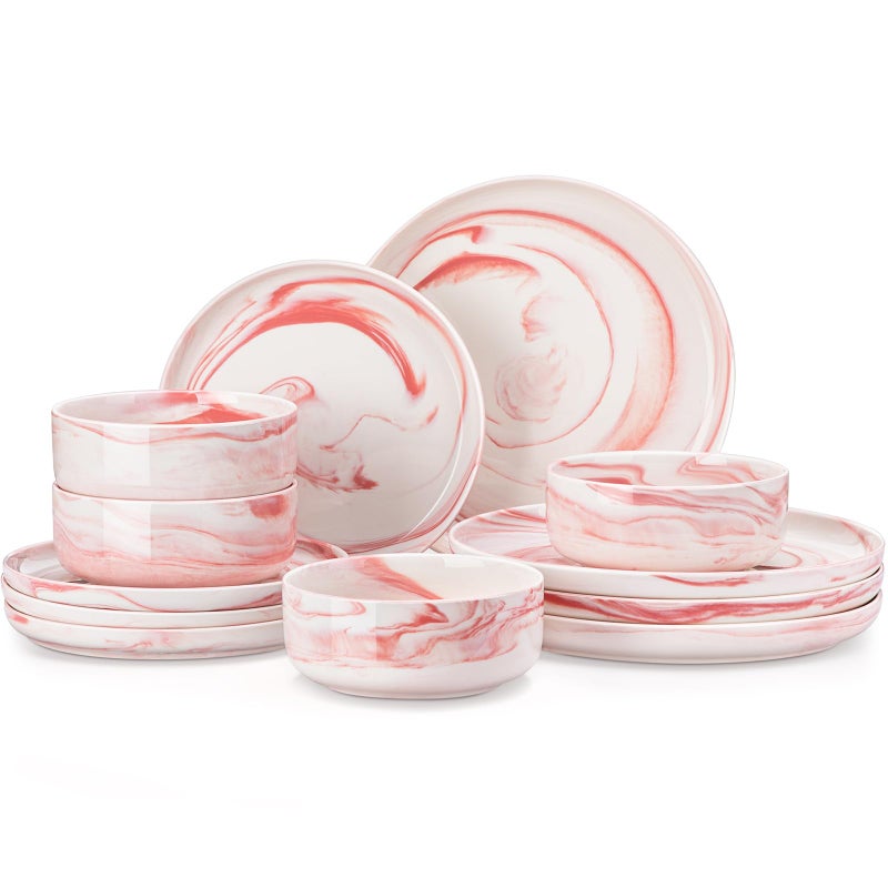 MALACASA Plates and Bowls Sets, 12 Pieces Porcelain Dinnerware Sets Dishware Sets Chip Resistant Ceramic Dish Set Dining Dinner Ware Service for 4, Marble Pink, Series LUNA - Image 1