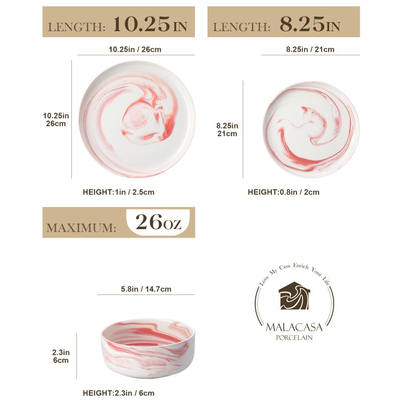 MALACASA Plates and Bowls Sets, 12 Pieces Porcelain Dinnerware Sets Dishware Sets Chip Resistant Ceramic Dish Set Dining Dinner Ware Service for 4, Marble Pink, Series LUNA - Image 2