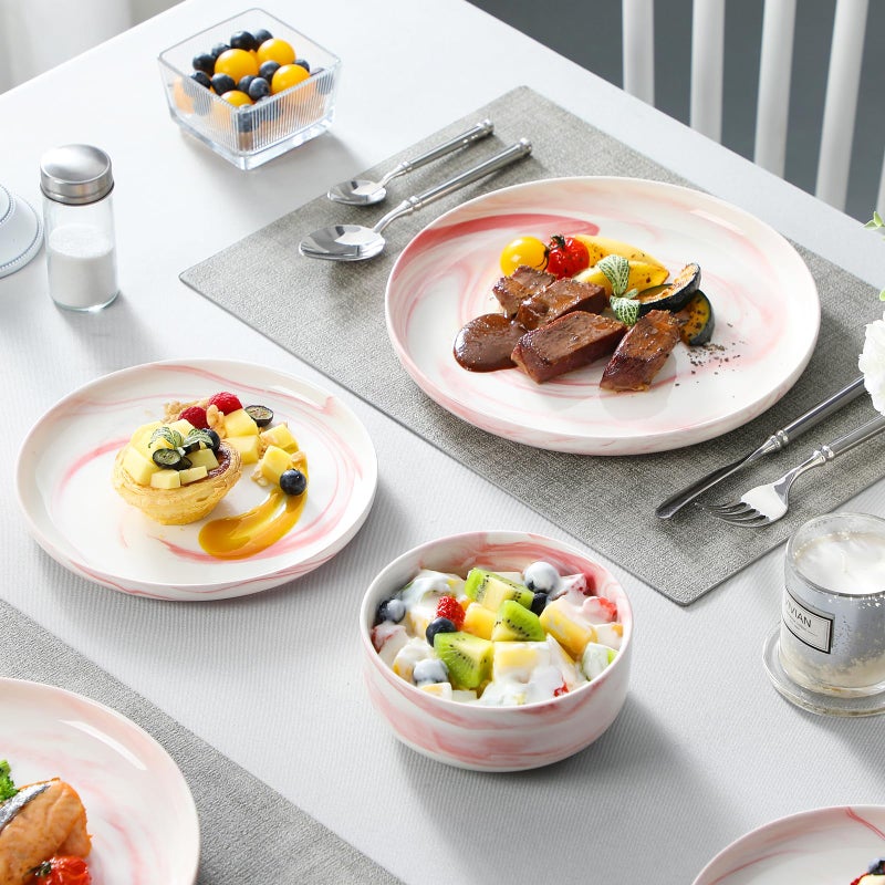 MALACASA Plates and Bowls Sets, 12 Pieces Porcelain Dinnerware Sets Dishware Sets Chip Resistant Ceramic Dish Set Dining Dinner Ware Service for 4, Marble Pink, Series LUNA - Image 5