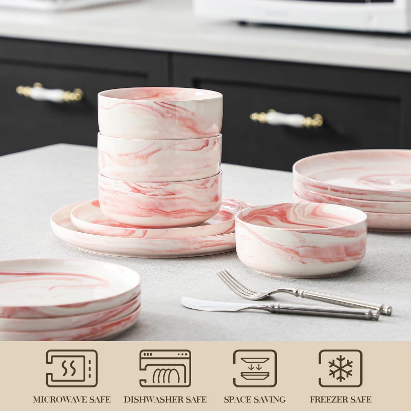 MALACASA Plates and Bowls Sets, 12 Pieces Porcelain Dinnerware Sets Dishware Sets Chip Resistant Ceramic Dish Set Dining Dinner Ware Service for 4, Marble Pink, Series LUNA - Image 4