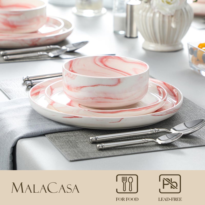 MALACASA Plates and Bowls Sets, 12 Pieces Porcelain Dinnerware Sets Dishware Sets Chip Resistant Ceramic Dish Set Dining Dinner Ware Service for 4, Marble Pink, Series LUNA - Image 3