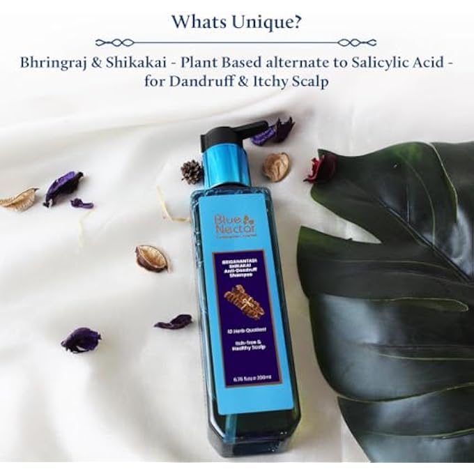 Blue Nectar ANTI DANDRUFF AND HEALTHY SCALP HAIR CLEANSER SHAMPOO WITH BHRINGRAJ, SHIKAKAI, SUITABLE FOR COLORED HAIR, DRY FRIZZY HAIR | PLANT BASED ALTERNATE TO SALICYCLIC ACID (10 HERBS, 200 ML) - Image 3
