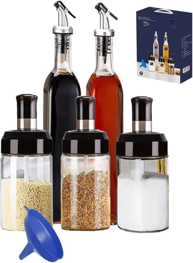 PALVOX-Seasoning Jars with Spoons Set of 5Condiment Pots Spice Jars with, Combination Spoon and Lid Design Glass Seasoning Jars 300ml/10 oz& 2 Olive Oil Bottles Dispenser (5PCS Spice set)