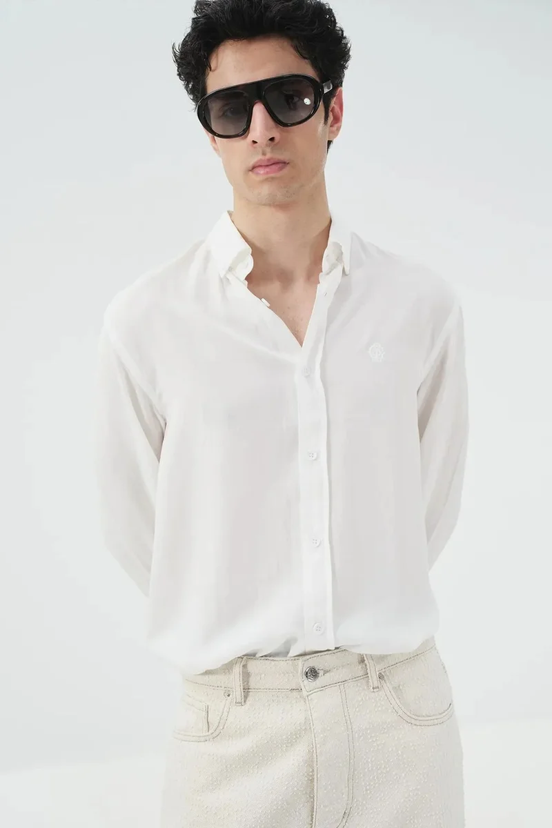 Giesto White GIESTO Solid Button-Up Tencel Shirt for Men | Best Price UAE