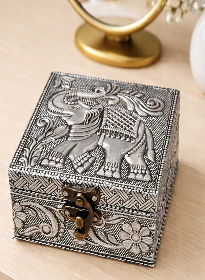 Trendifly Elephant Embossed Wooden Oxidised Jewellery Storage Box for Women | Wood Jewel Earrings Ring Chain Multipurpose Jewelry Organiser Box | Wedding Housewarming Pooja Return Gift Items - Image 1