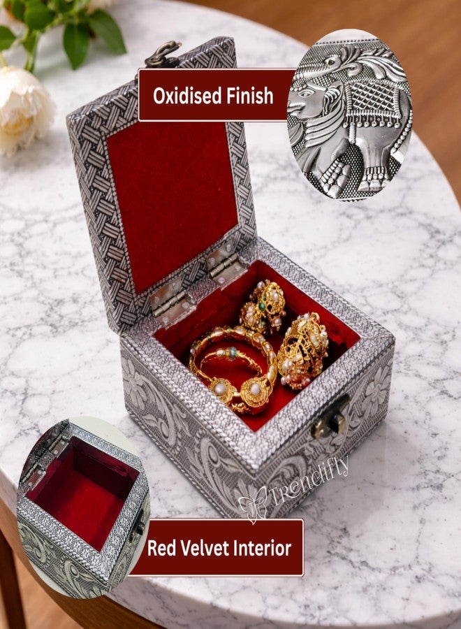 Trendifly Elephant Embossed Wooden Oxidised Jewellery Storage Box for Women | Wood Jewel Earrings Ring Chain Multipurpose Jewelry Organiser Box | Wedding Housewarming Pooja Return Gift Items - Image 3