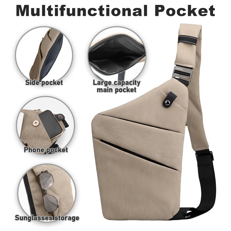 BIRDDIE Anti Theft Travel Bag, One Shoulder Large Capacity Cross-body Bag Chest Fashion Lightweight Sling Bags for Travel Sports (Right Shoulder, Khaki) - Image 2