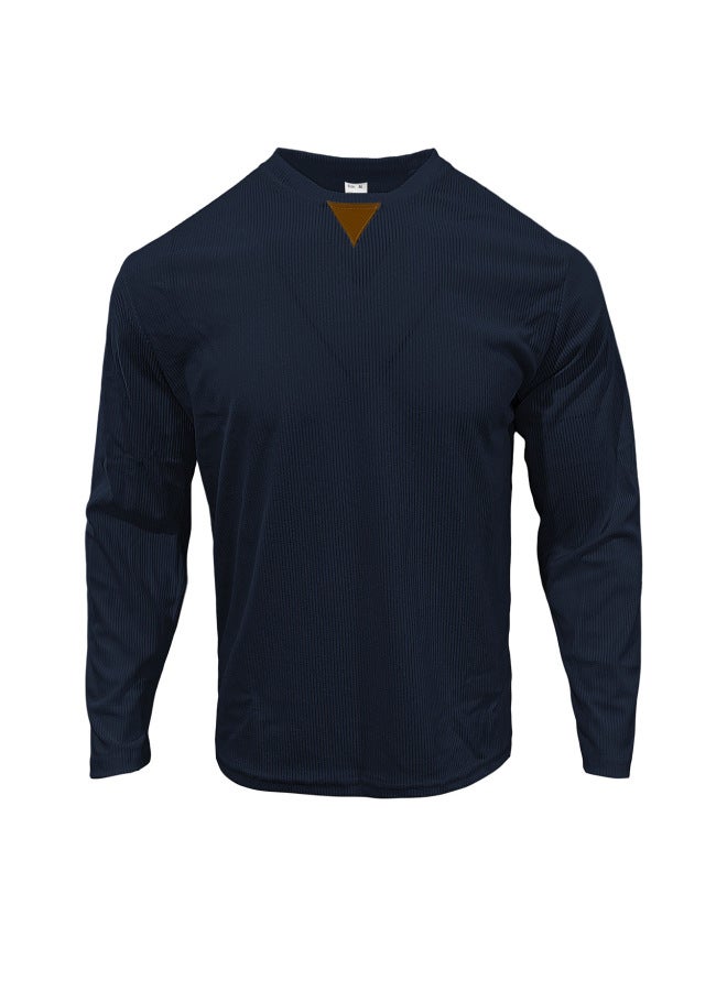 European And American Men's Spring And Autumn Textured V-neck Triangular Patch Casual Oversized Long Sleeve T-shirt