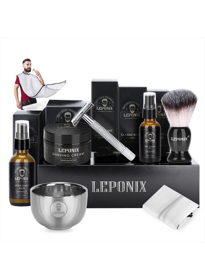 LEPONIX Shaving Kit for Men, Include Safety Razor, Sandalwood Shaving Cream, Mens aftershave, Pre Shave Oil, Shaving Brush and Bowl, Shaving Apron Bib -Unique Gifts for Men Him Stocking Stuffers - Image 1